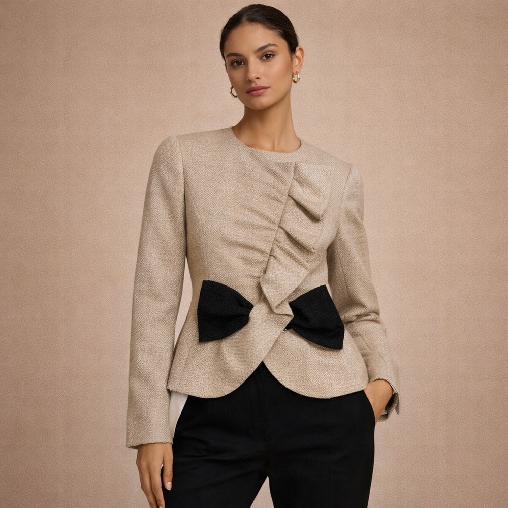 Rare Valentino Beige Ruffle Bow Jacket Made In Italy Size 4 Designer Blazer